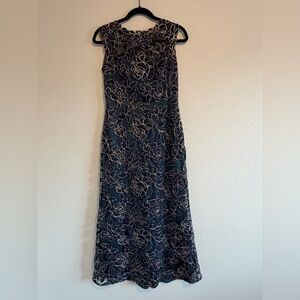Tadashi Shoji Navy Maxi Dress with Cream Floral Lace Overlay